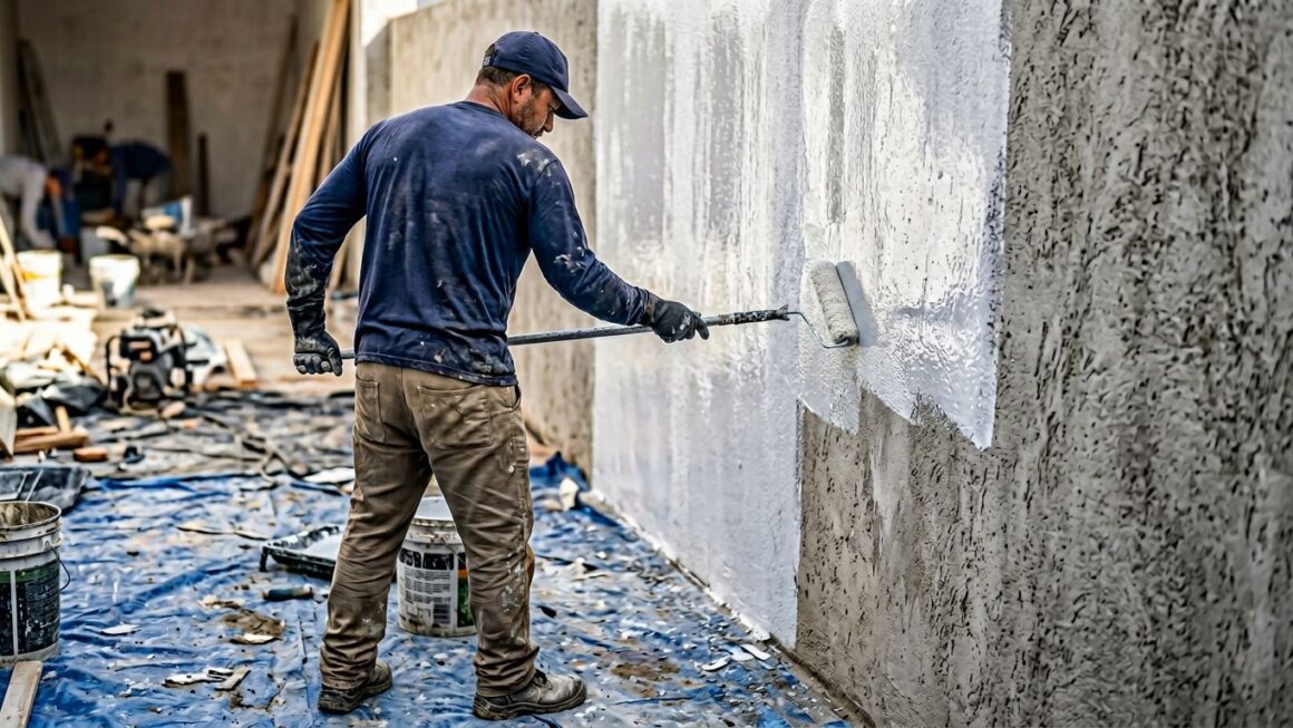Profissional da construção impermeabilizando parede externa em obra