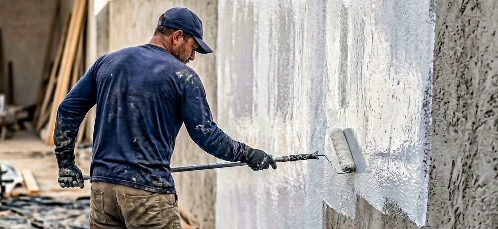 Profissional da construção impermeabilizando parede externa em obra