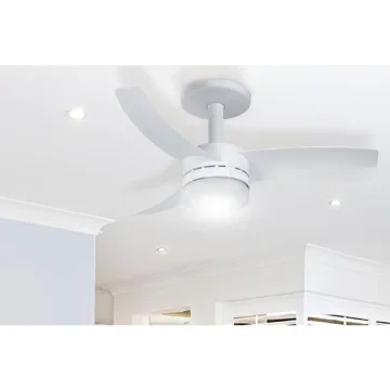 Ventilador de teto branco instalado em um teto também branco