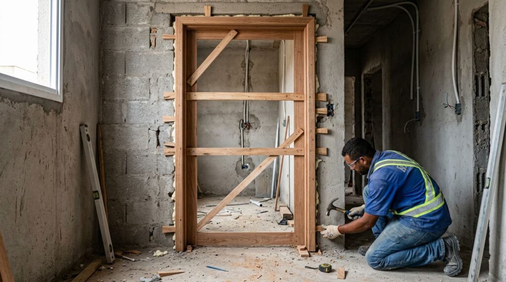 Trabalhador montando porta de madeira em construção
