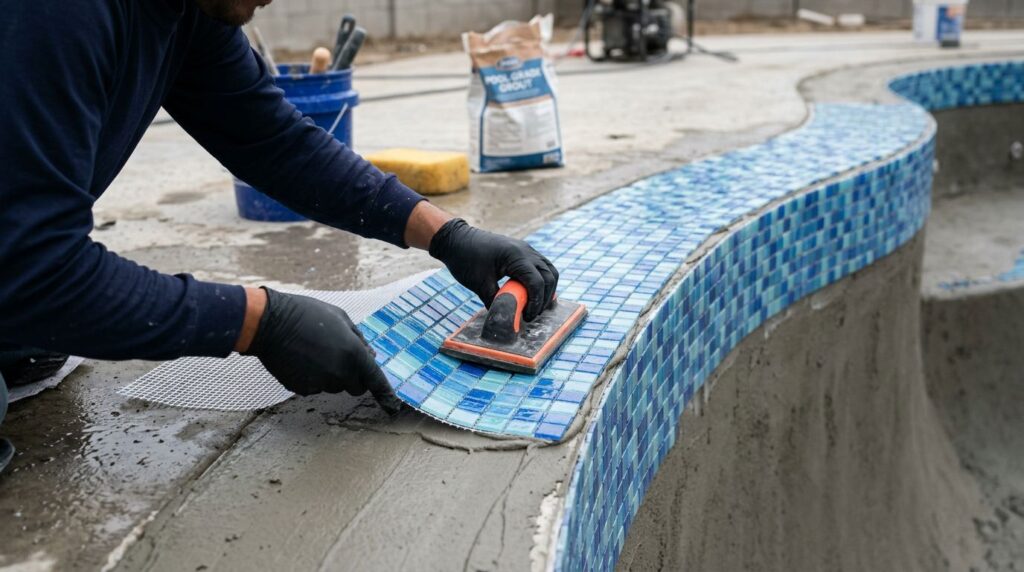 aplicação de pastilhas em beiral de piscina