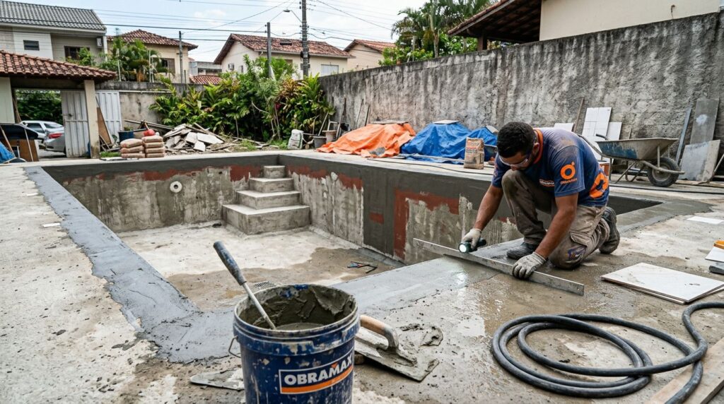 Trabalhando nivelando beirada de piscina