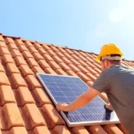 Imagem de um homem instalando um painel solar sobre um telhado.
