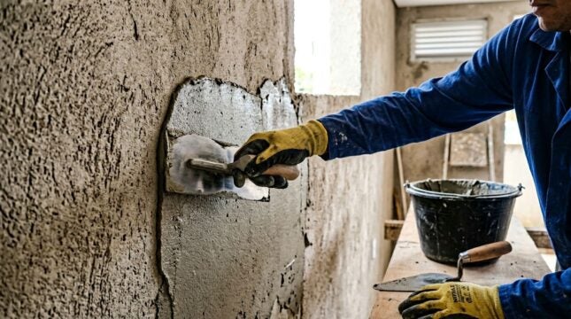 Pedreiro aplicando argamassa em parede