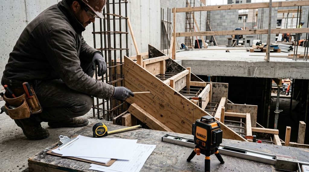 Trabalhador avaiando construção de escada