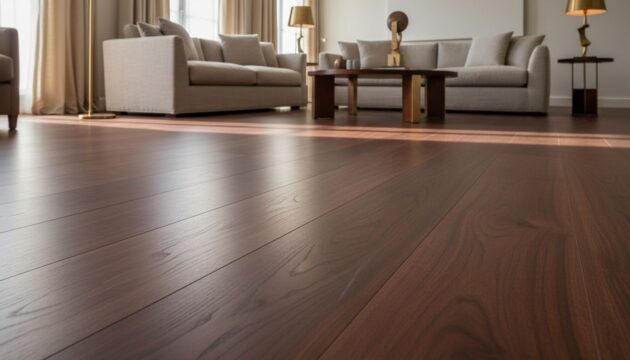 Sala de estar com piso de madeira maciça escuro