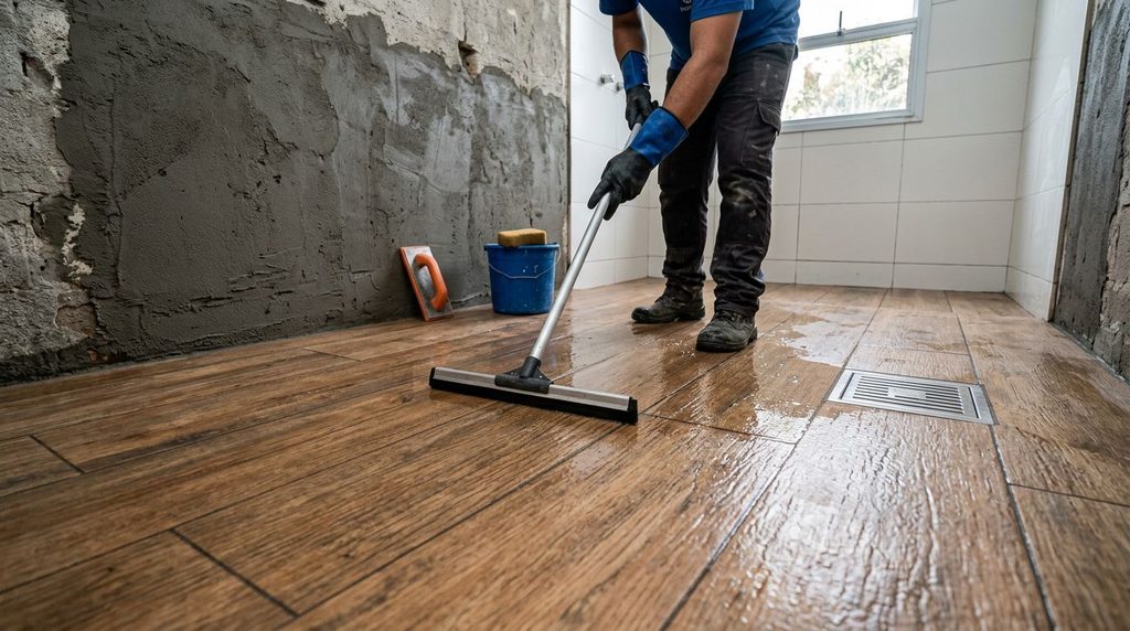 Homem limpando piso que imita madeira com rodo