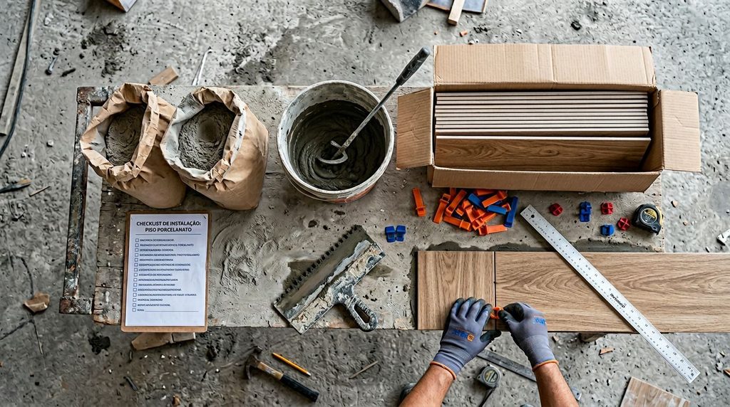Mesa de trabalho com materiais para instalação de piso