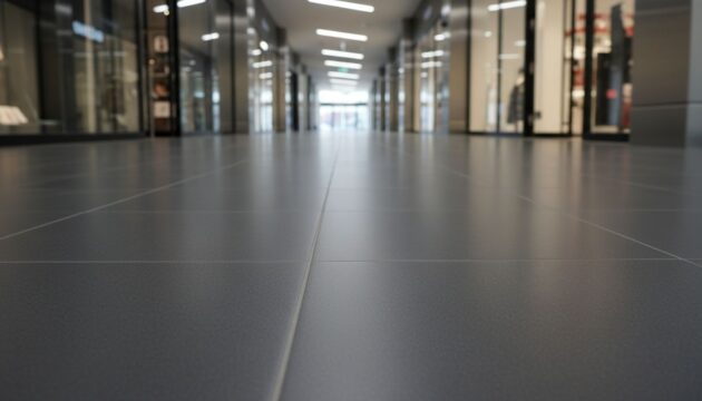 Piso porcelanato escuro instalado em corredor de shopping