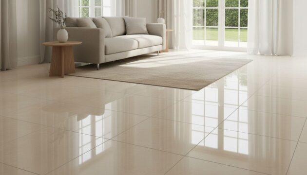 Porcelanato claro instalado em sala residencial com sofá branco e cortina