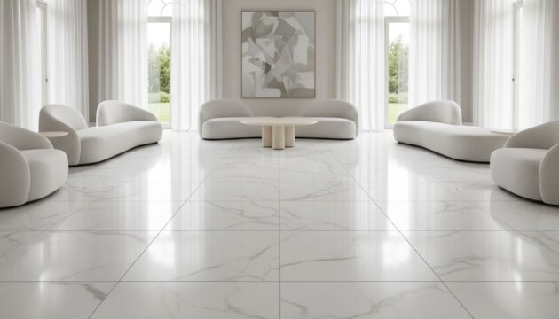 Porcelanato claro instalado em sala ampla com sofás branco