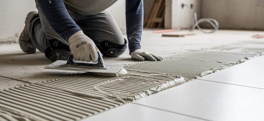 Profissional mostrando como passar rejunte no piso