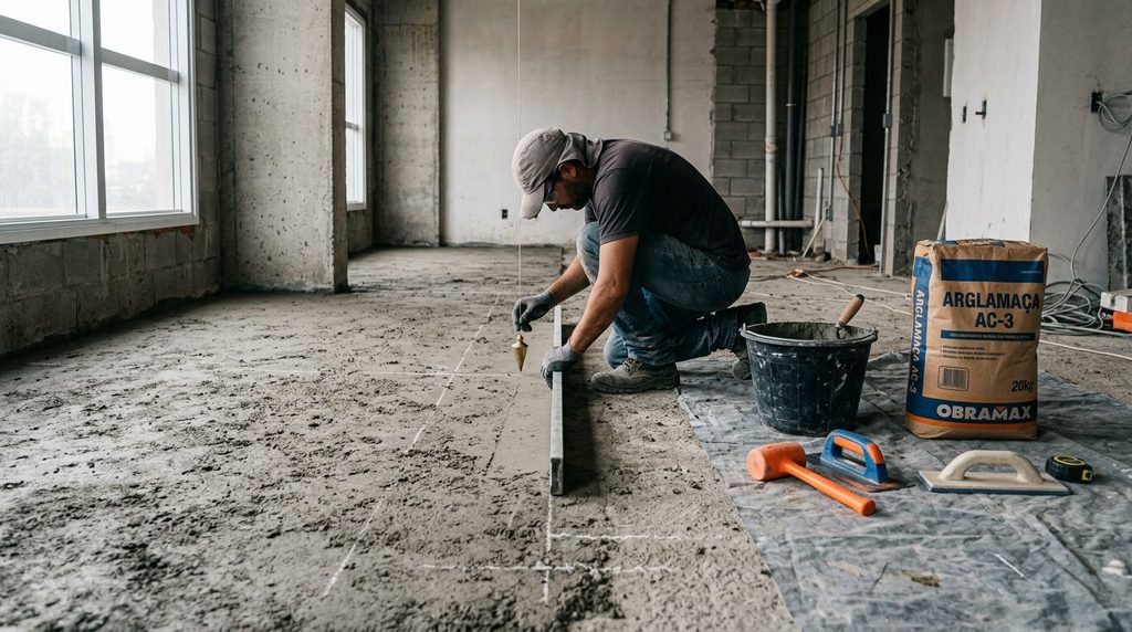 Homem assentando piso em obra