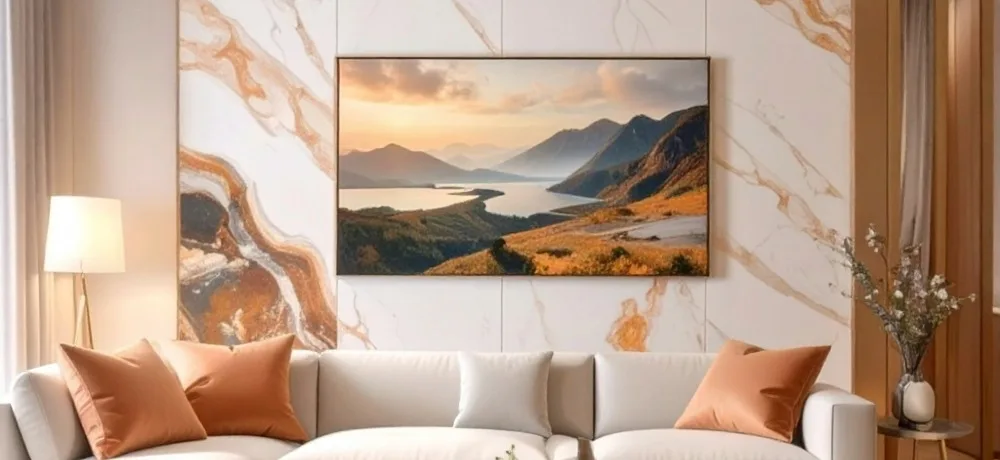 Porcelanato off white com detalhes em bege instalado na parede de uma sala com uma tv instalada