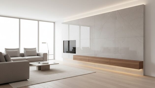 Porcelanato na parede da sala instalado no painel da tv