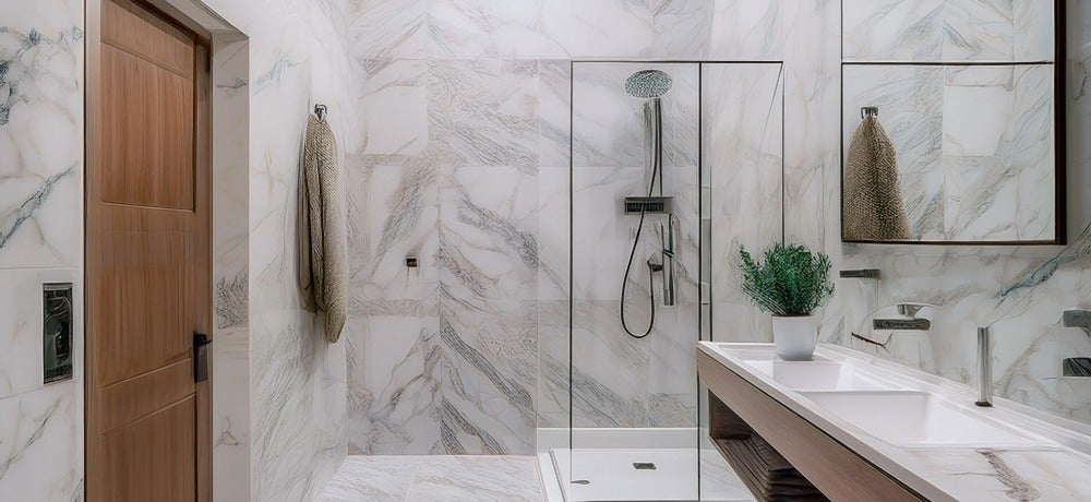 Porcelanato para banheiro instalado em banheiro residencial na cor branca do detalhes em cinza