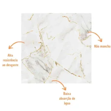 Imagem de um porcelanato polido com informações complementares escritas em fonte laranja