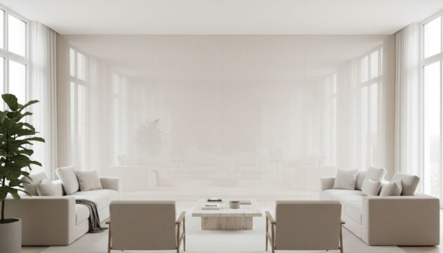 Sala de estar com porcelanato branco na parede