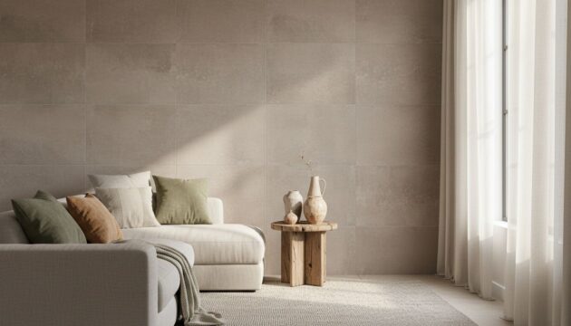 Porcelanato claro aplicado na parede de uma sala residencial