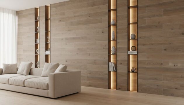 Parede de porcelanato em sala residencial elegante em tom terroso