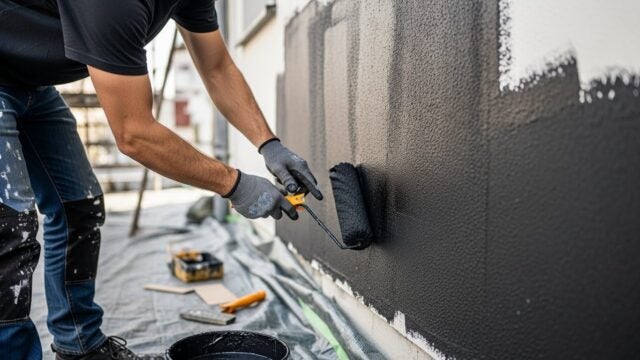 Profissional aplicando tinta emborrachada na cor preta em parede