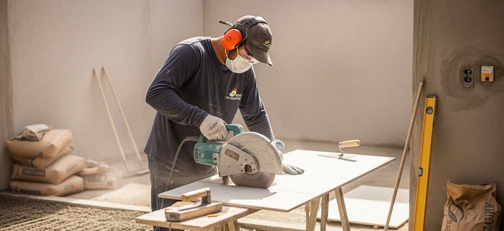 Profissional mostrando como cortar porcelanato com EPIs e serra específica