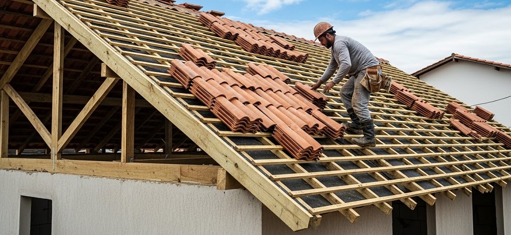 Profissional mostrando como instalar telhas em telhado residencial com telhas cerâmicas