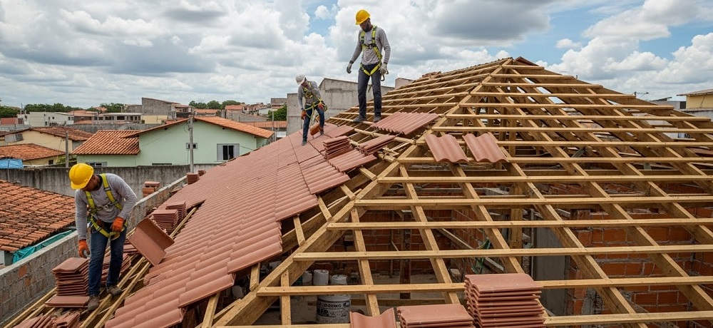 Profissionais da construção montando a estrutura do telhado