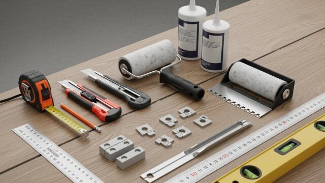 Imagens de ferramentas e materiais necessários para instalar piso vinílico, como trena e régua