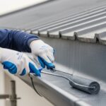 Profissional realizando impermeabilização para calha em imóvel residencial