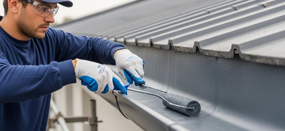 Profissional realizando impermeabilização para calha em imóvel residencial