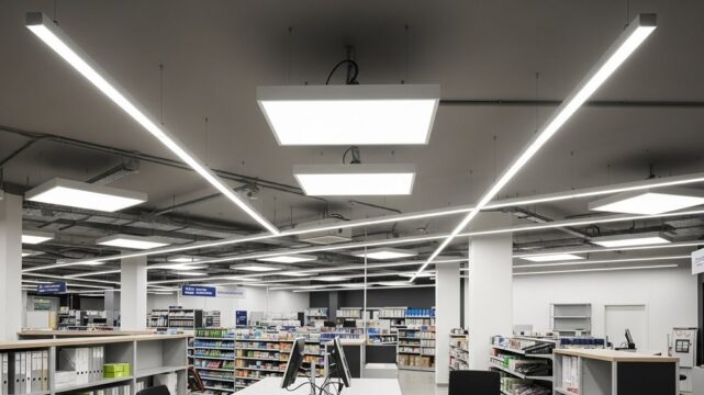 Luminária LED instalada em ambiente comercial