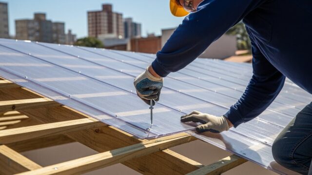 Profissional realizando a manutenção da telha de policarbonato