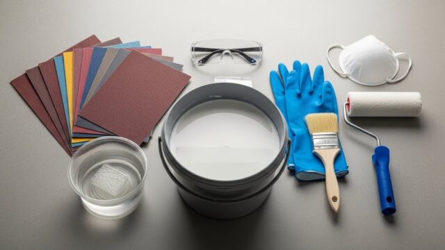 Materiais necessários para impermeabilizar gesso dispostos em uma bancada