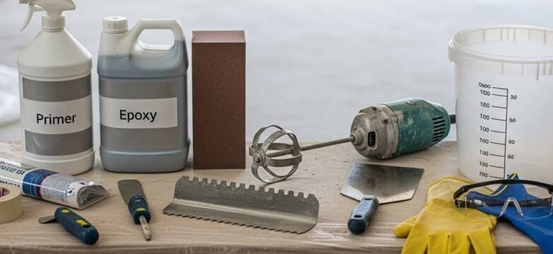 Bancada com materiais necessários para aplicar porcelanato líquido