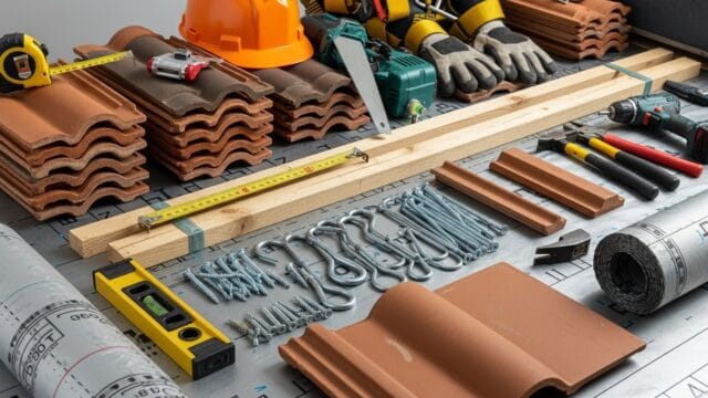 Materiais necessários para instalar telhas, como epis, as telhas, trena, e outros equipamentos