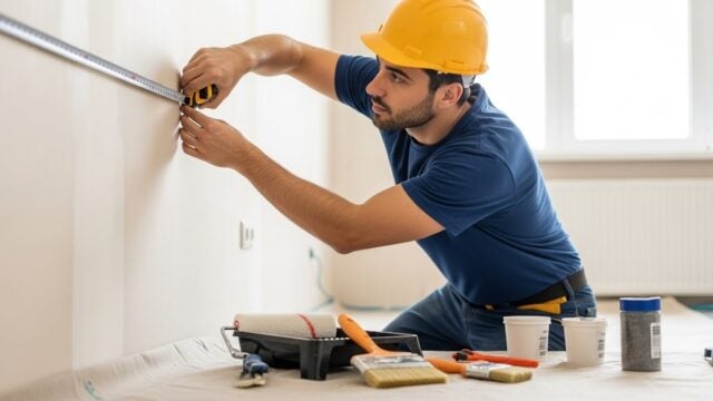 Profissional medindo parede para pintar