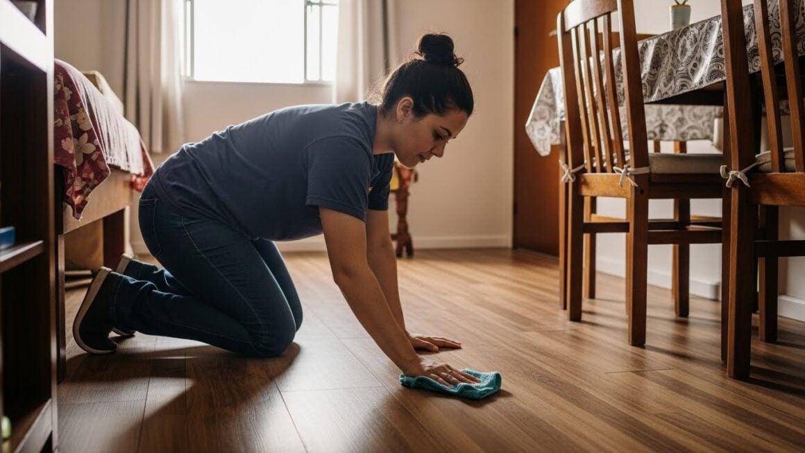 Pessoa mostrando como limpar piso vinílico com pano de microfibra