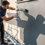 Pintor aplicando a melhor tinta emborrachada na fachada de um imóvel