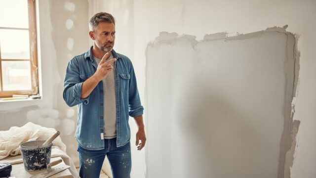 Profissional olhando para uma parede de gesso com dúvida