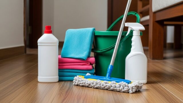 Imagem de produtos de limpeza em cima de um piso vinílico.