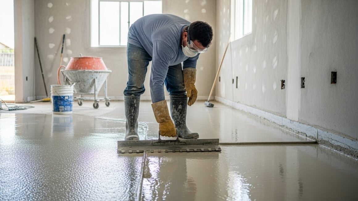 Profissional mostrando como aplicar porcelanato líquido em ambiente residencial