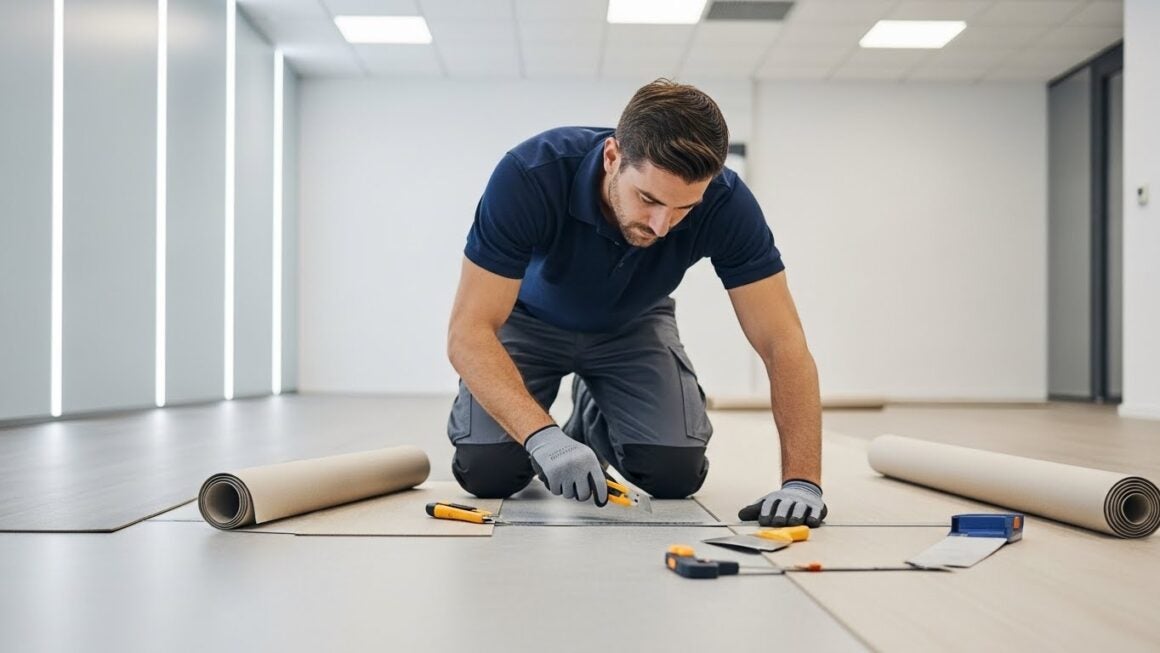 Profissional mostrando como instalar piso vinílico