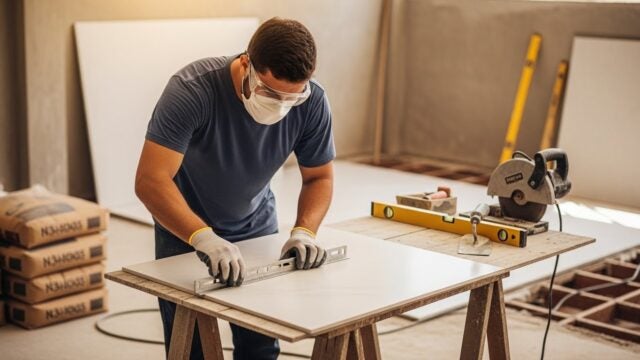 Profissional medindo o tamanho da peça de porcelanato em uma oficina