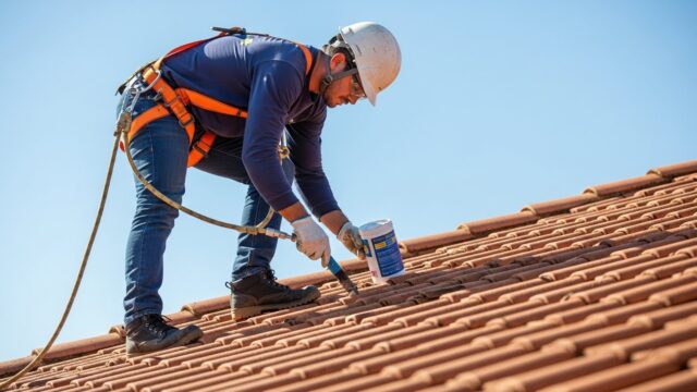 Profissional reparando infiltração no telhado