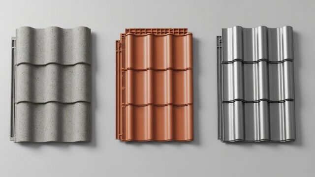 Telha de concreto, telha de cerâmica e telha metálica dispostas em bancada ao lado