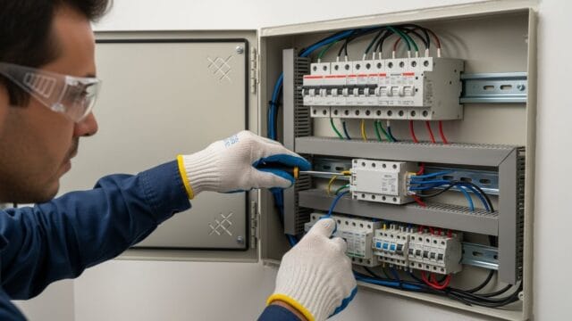 Eletricista instalando dispositivo dps