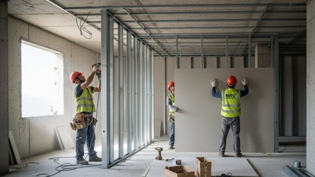 Profissionais da construção montando uma estrutura de drywall em uma casa