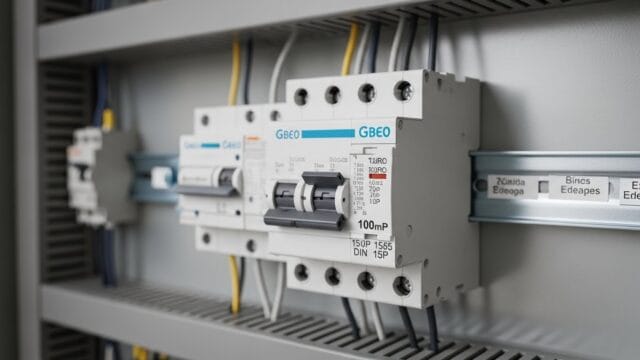 Imagem de um quadro elétrico com disjuntores