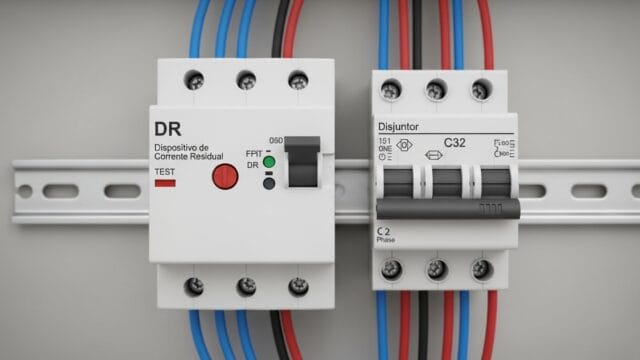 Dispositivo DR e disjuntores posicionados lado a lado para comparação